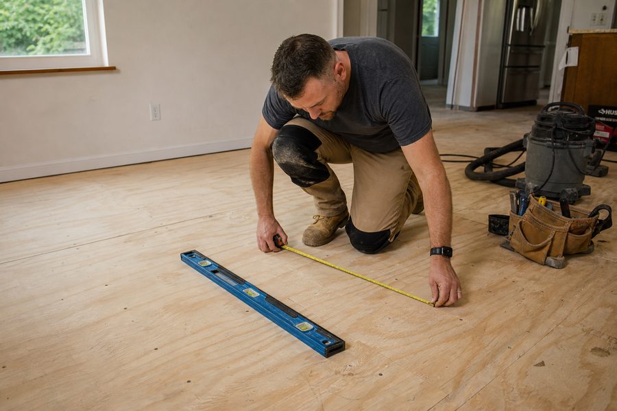 Professional installer preparing subfloor with measuring tools